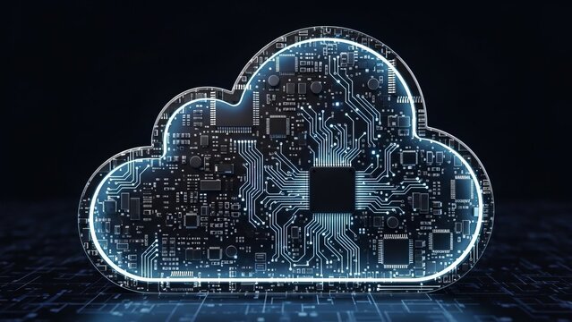 Cloud data storage icon with neon circuit details