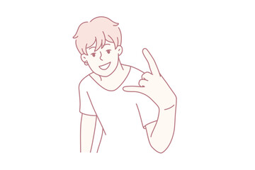 smiling teenage boy showing rock gesture in casual t-shirt, confident pose, minimal line art illustration