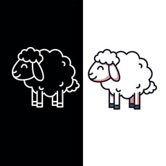 Cute cartoon sheep icon standing in profile isolated on black & white background