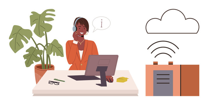 Support agent using a computer and headset to assist clients, plant decor, cloud storage system. Ideal for customer service, technology, communication, remote work, helpdesk, support simple flat