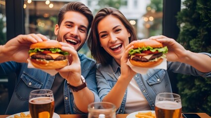 Happy couple holding juicy burgers and beer in restaurant hamburger