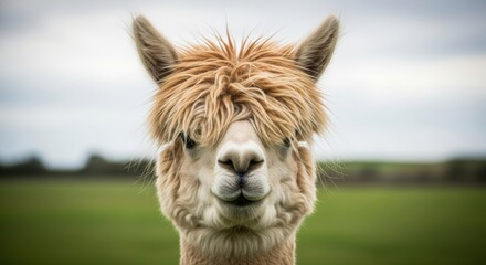 Naklejka premium Alpaca with shaggy hair looking directly at camera, funny farm animal