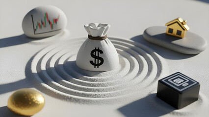 Balancing a diverse financial portfolio of stocks, real estate, tech, and gold for wealth management and growth in a Zen garden concept