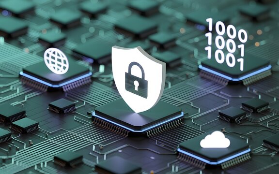 Cybersecurity shield protecting digital data on a modern circuit board with cloud computing and binary code, ideal for technology and business visuals