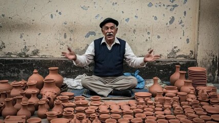 Artisan pottery display by enthusiastic craftsman in street market setting