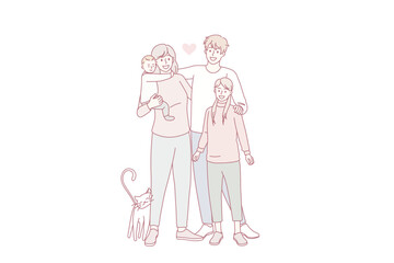 Portrait of happy young Caucasian family with children and pet show love and care in relationships. Smiling parents hug small kids demonstrate unity and bonding. Flat vector illustration.
