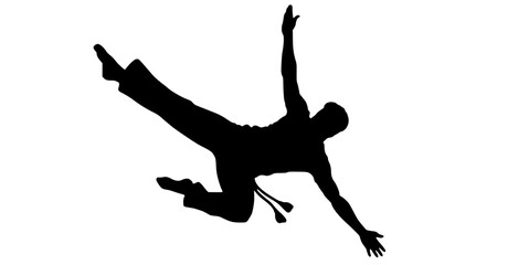 Dynamic capoeira acrobat silhouette strikes a powerful pose mid-air, showcasing strength, agility