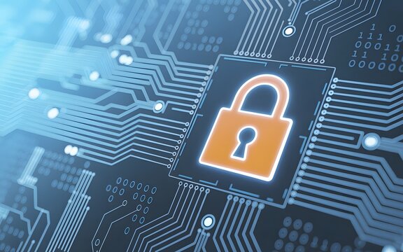 Modern cybersecurity with glowing padlock protecting sensitive data on circuit board design for digital privacy and business technology with binary code 164 chars