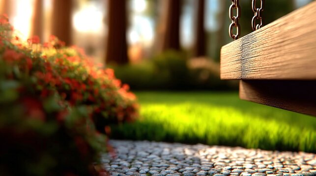 a close-up view of a serene outdoor scene featuring lush green grass and benches