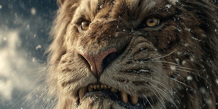 Saber toothed tiger encounters lion cubs in ancient African landscape - Powered by Adobe