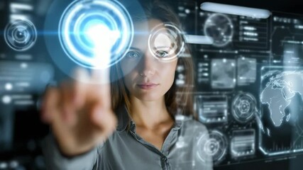 Generative AI. Female professional interacting with futuristic touchscreen interface, showcasing advanced technology and data visualization, emphasizing innovation and digital engagement in modern - Powered by Adobe