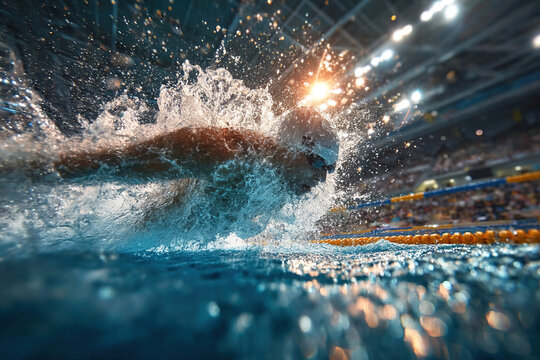 Swimmer dives into pool during intense competition showcasing breaststroke and butterfly techniques