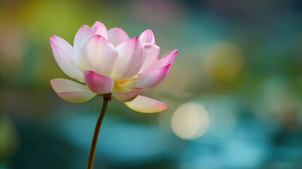 Obraz premium A beautiful lotus flower stands tall in a serene pond showcasing its pink and white petals against a soft colorful background. Morning light enhances the peaceful setting.