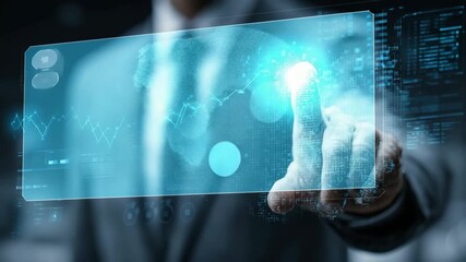 Generative AI. Business professional in a suit interacts with a futuristic digital interface, showcasing data analytics and technology trends, emphasizing innovation and modernity in corporate world - Powered by Adobe
