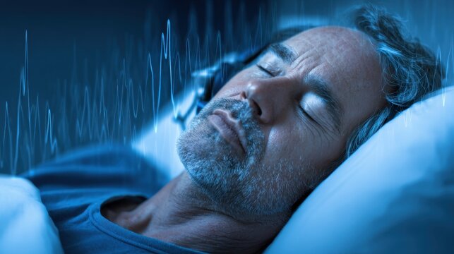 A man with gray hair rests comfortably in bed wearing headphones and surrounded by a serene atmosphere. The calming blue tones create a peaceful sleep environment. - Powered by Adobe