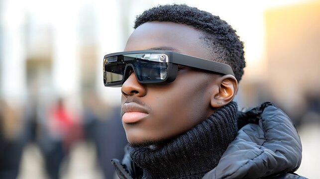Young Black man wearing futuristic smart glasses for augmented reality, showcasing modern wearable technology outdoors.