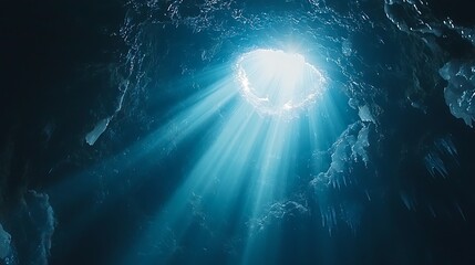 Bright sunlight beams through an opening in the ceiling of a dark ice cave, illuminating frozen rock formations and icicles with ethereal light, creating a majestic natural wonder.