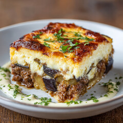 A slice of moussaka garnished with parsley on a plate.