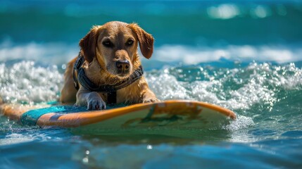 A golden retriever skillfully rides a surfboard on ocean waves showcasing its balance and playful spirit under bright sunlight at the beach.