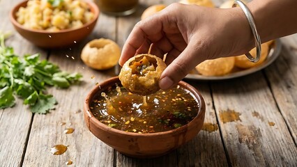 Hand dipping crispy indian panipuri into spicy tangy water. food