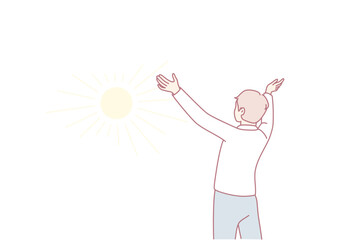 Morning sun meditation, Woman embraces dawn with peaceful thankfulness exercise, Individual practices appreciation while reaching out towards bright morning daylight with calmness