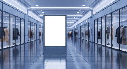 Blank vertical digital screen mockup in a modern shopping mall corridor