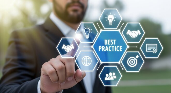 Businessman interacts with digital display showing best practice and business icons