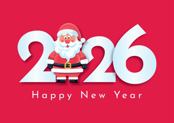 2026 Happy New Year with Santa Claus on Red Background