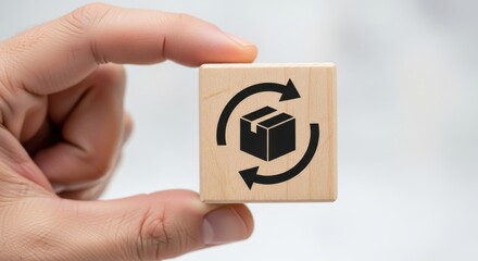Hand holding wooden block symbolizing product return, exchange, and delivery