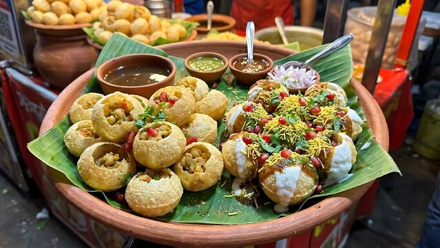 Assorted indian street food platter of pani puri and dahi puri