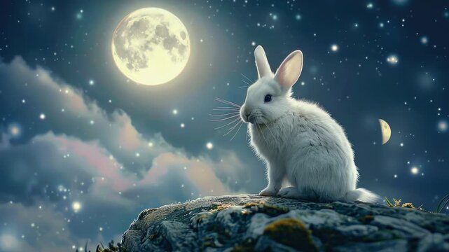 Video A white rabbit sits on top of a rock under the light of a full moon