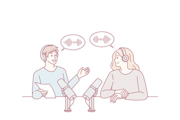 Smiling man radio host talk with guest in studio. Happy male presenter speak with woman, have communication record podcast together. Entertainment industry. Flat vector illustration.