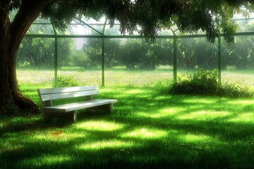 a serene garden scene with a bench in the foreground, surrounded by lush greenery and a fence