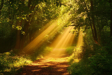 forest clearing where warm rays of sunlight create golden spotlight on secluded pathway
