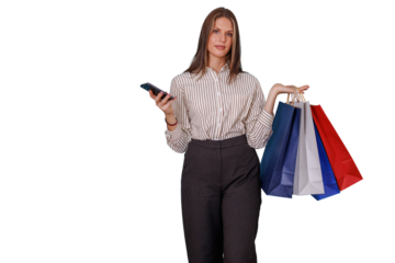 Woman holding shopping bags and smartphone, enjoying retail therapy and modern online shopping experience on transparent background