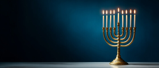 A golden menorah with nine lit candles against a dark blue background