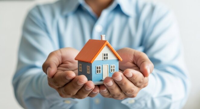 Businessman holding a miniature house model, symbolizing real estate and property - Powered by Adobe