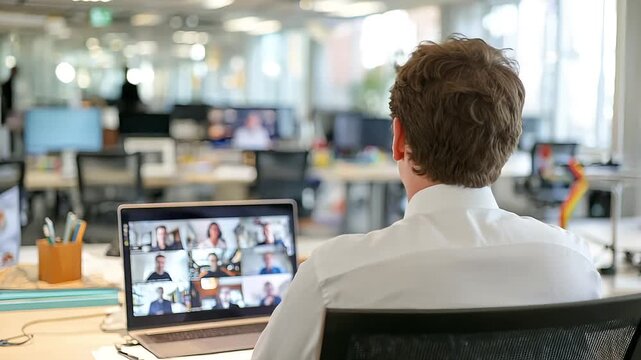 Man participating in a video conference call in a modern office setting, connecting with colleagues remotely. - Powered by Adobe
