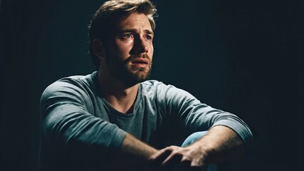 Solitary alone sad man sitting on floor in darkness. Concept of depression, sadness, and emotional pain. Mental health awareness and support. Social phobia, anxiety, fear, illness. Panic attack issue.