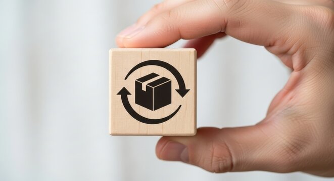 Hand holds wooden cube with return and exchange icon, isolated on white background
