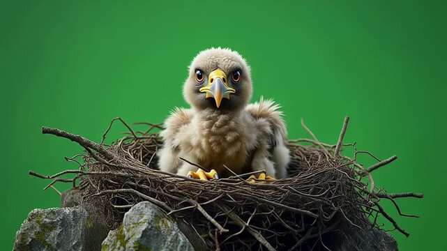 Cute Baby Eaglet in Nest on Green Screen Background for Compositing 4K