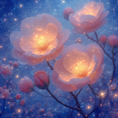 Glow of magical flowers under starry night sky brings enchanting beauty to the serene landscape Generative AI