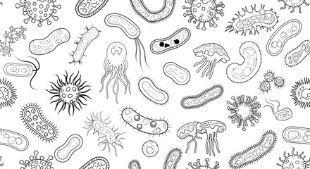 Microorganism Seamless Pattern: Black and White Vector Background of Bacteria, Virus and Germs