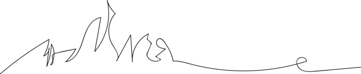 Minimalist continuous line mountain range landscape. A single, unbroken line art illustration depicting a serene mountain range. This design captures the essence of natural elevation and vastness.