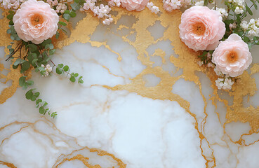 Elegant arrangement of pink flowers on a luxurious marble table with gold accents. Generative AI