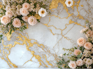 Elegant arrangement of pink flowers on a luxurious marble table with gold accents. Generative AI