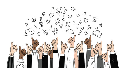 Enthusiastic audience giving thumbs up, crowd hands gestures with doodle icons illustration