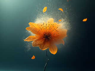 Bright orange flower bursts with petals in a dark underwater scene, creating a stunning visual display. Generative AI