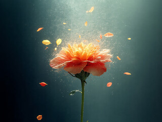 Bright orange flower bursts with petals in a dark underwater scene, creating a stunning visual display. Generative AI
