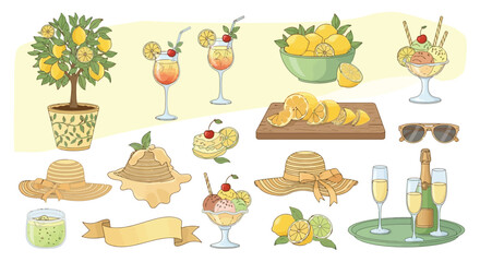 Vibrant Summer Citrus Party Vector Illustration Set: Fresh Refreshments and Sunny Accessories